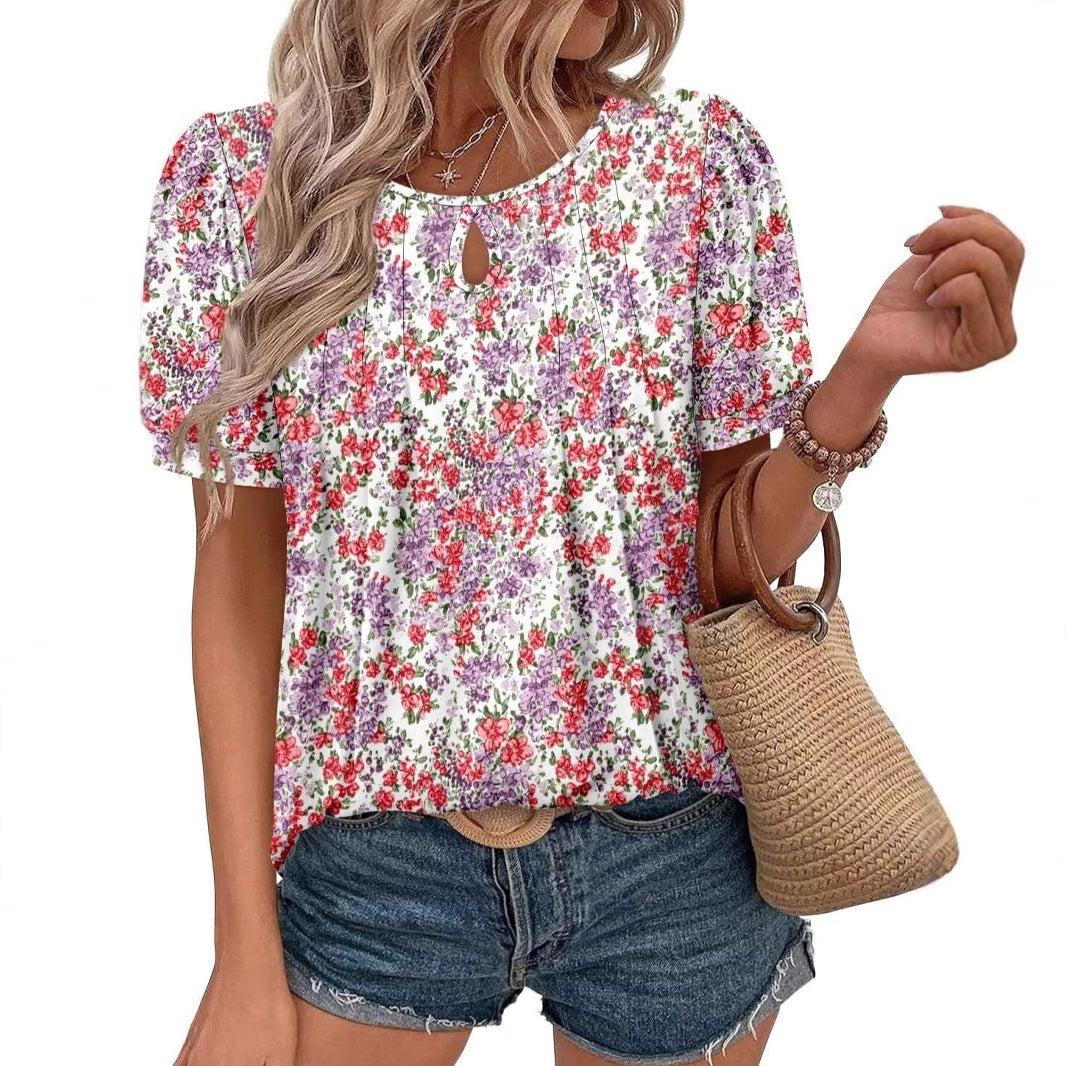 Floral Print Round Neck T Hole Flower Female