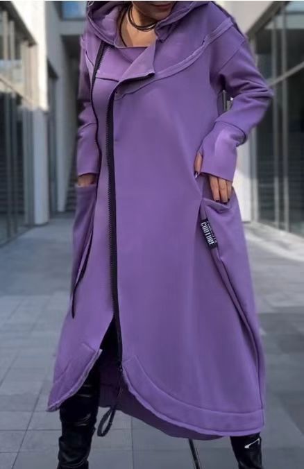 Women's Long Irregular Hem Zipper Fashion Pocket Sweatshirt