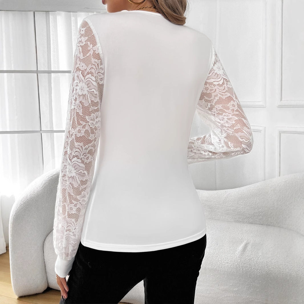Women Solid Color And V-neck Lace Stitching Hot Rhinestone Lantern Sleeve T-shirt