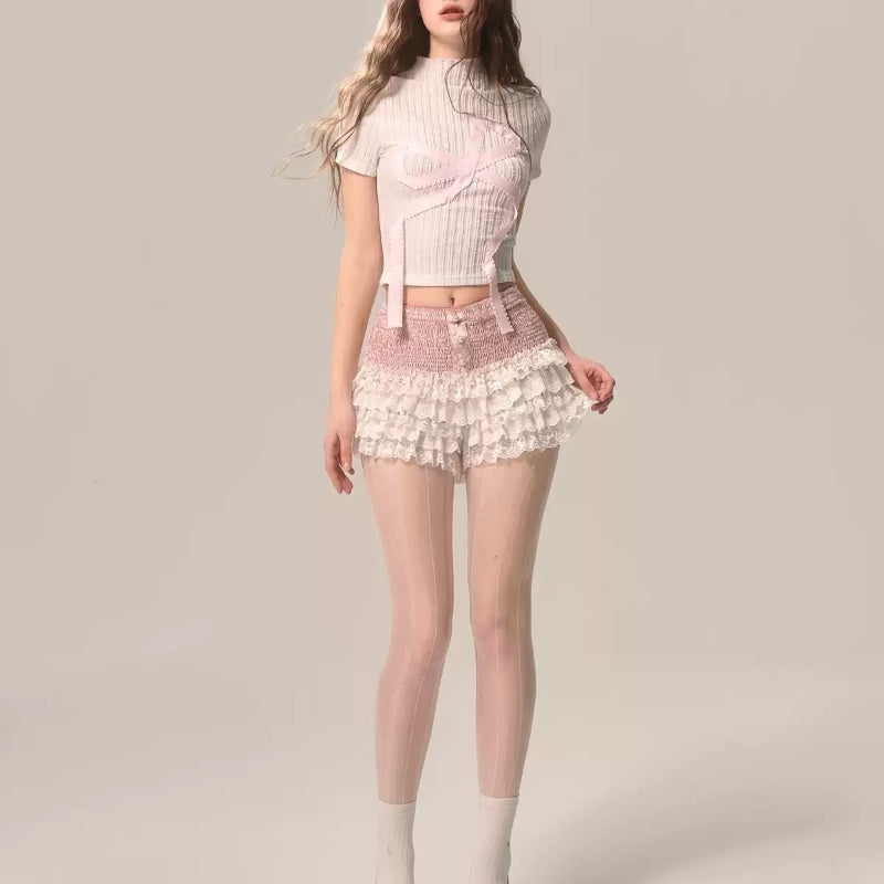 Peach Blossom Bud White French Lace Shorts