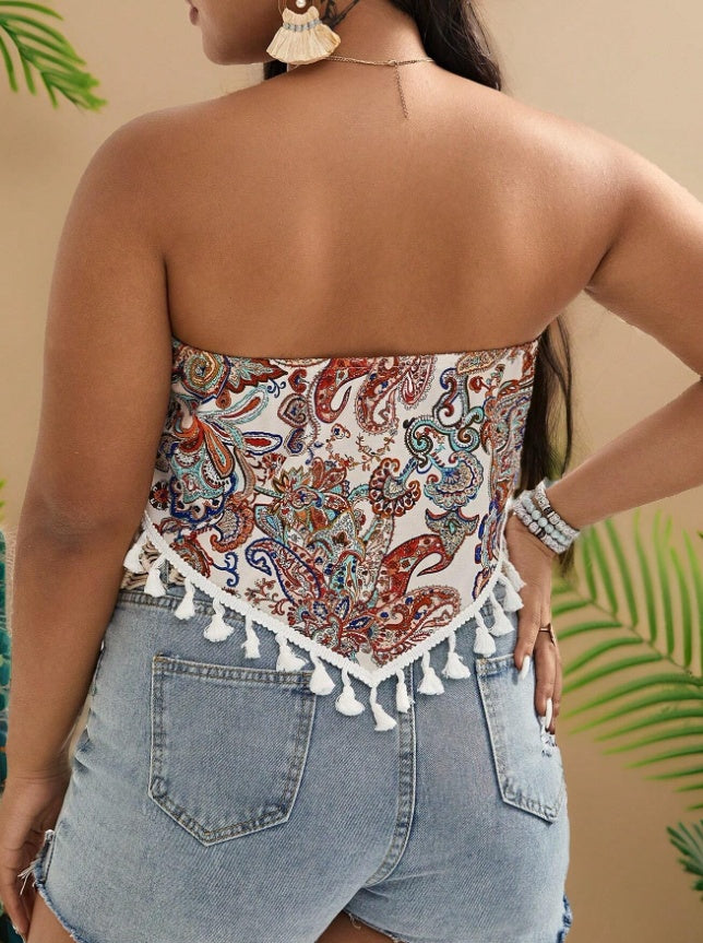 Plus Size Print Tassel Trim Summer Top