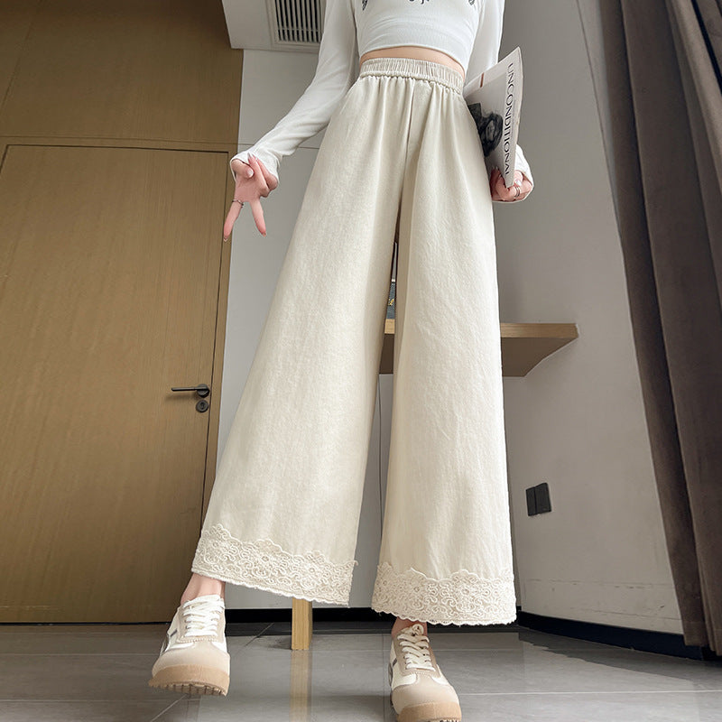Women's Washed Cotton Lace Wide-leg Pants