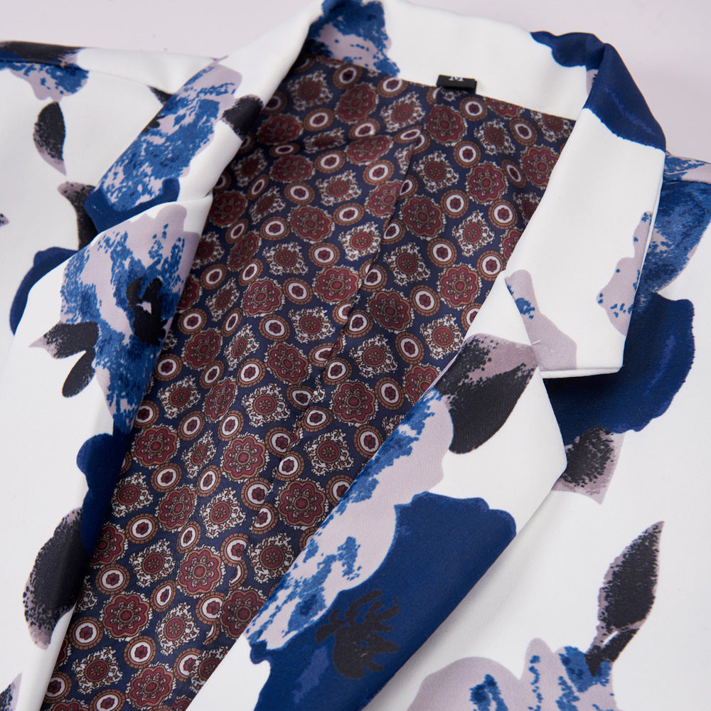 New Printing Men's Suit Set Blue Flower Performing Costumes