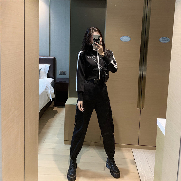 Women's Korean Style Letter Embroidery Black Sports Jacket