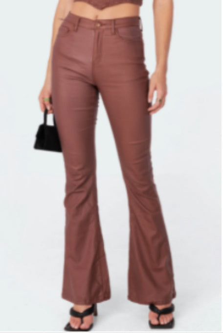 Women's Fashion Denim Leather Bell-bottom Pants