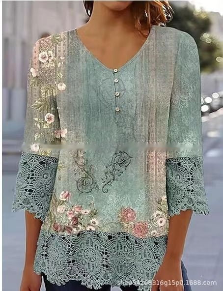 Casual Lace Printed Lace Button Top