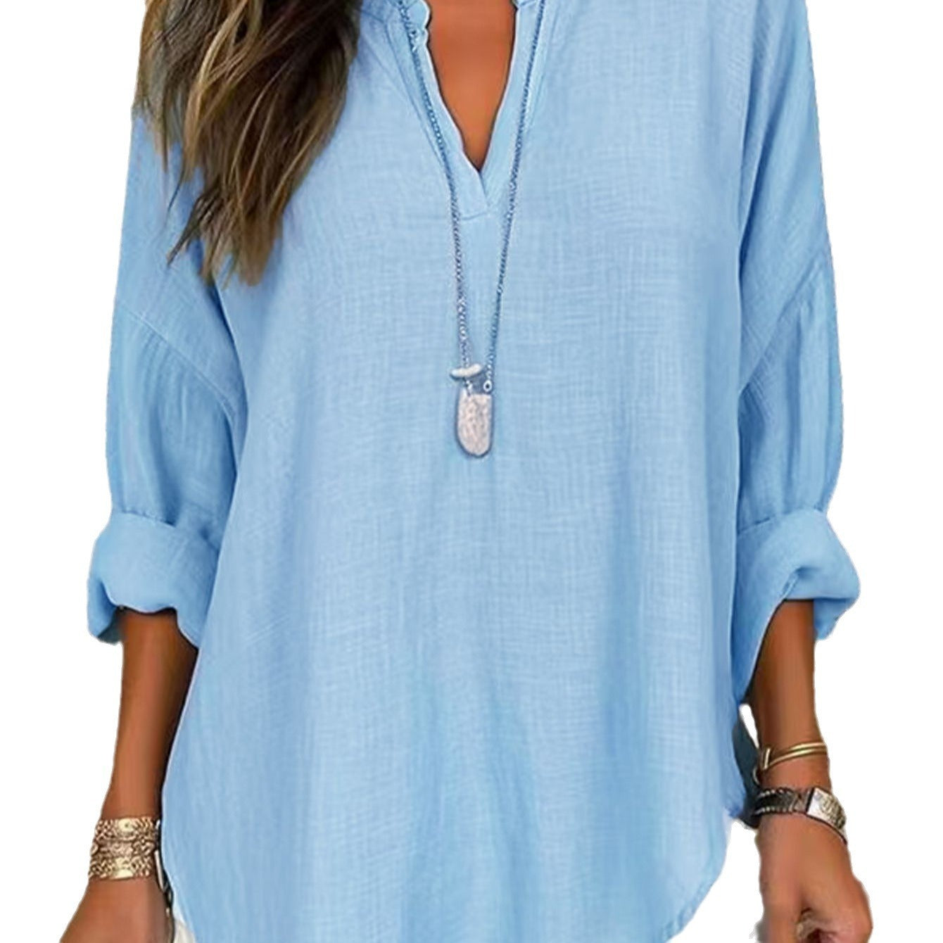 Women's Casual V-neck Cotton And Linen Solid Color Shirt