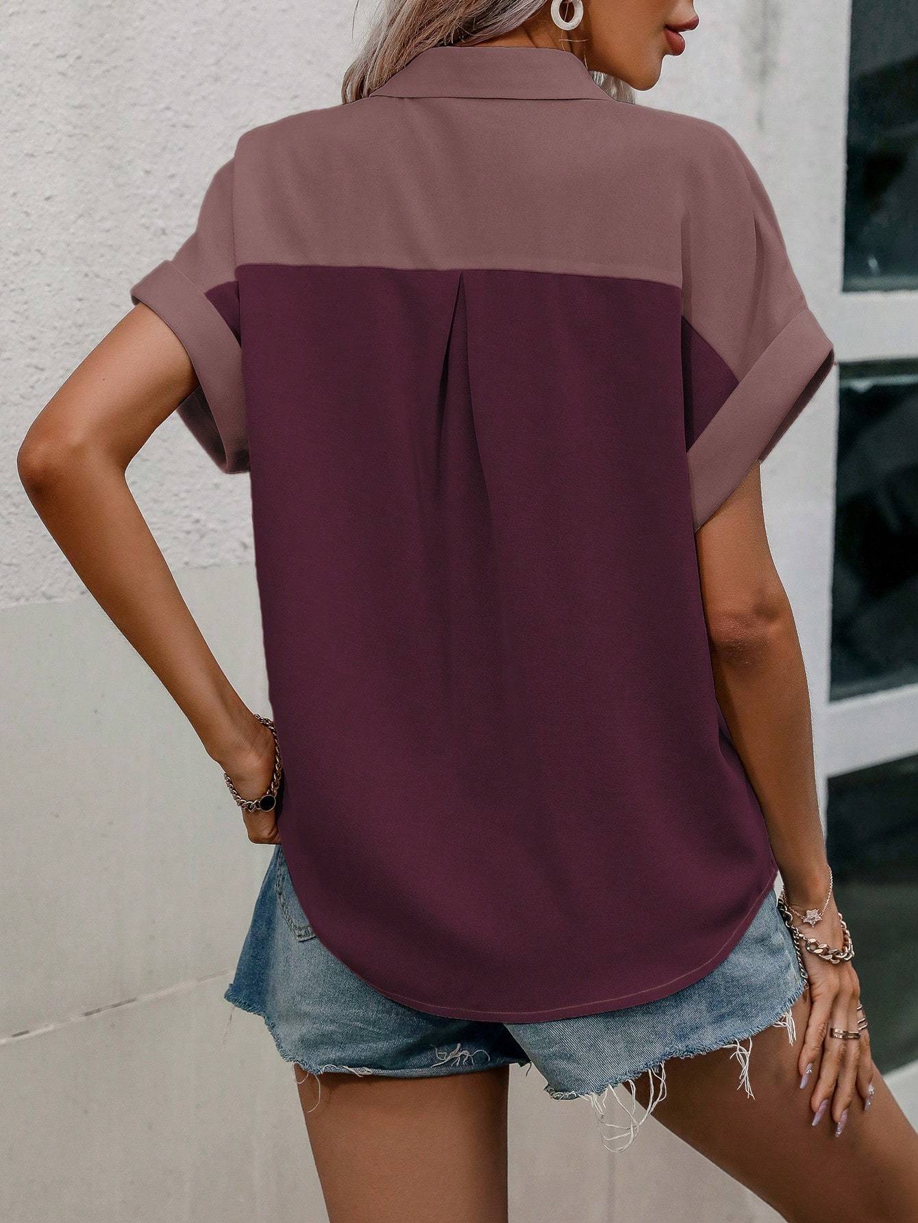 Two Tone Batwing Sleeve Pocket Patched Shirt