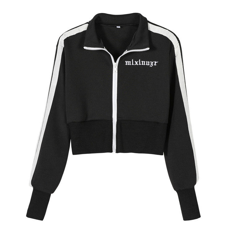 Women's Korean Style Letter Embroidery Black Sports Jacket