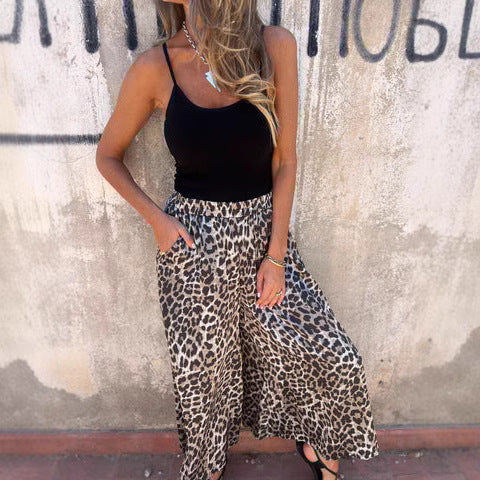 High Waist Leopard-print Printed Loose Casual Wide-leg Pants Women's Trousers