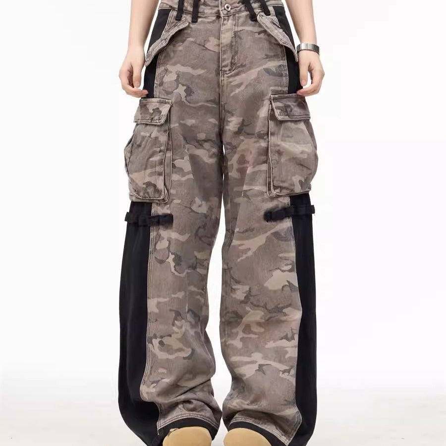 American-style Retro Patchwork Zipper Camouflage Men's And Women's Wide-leg Pants