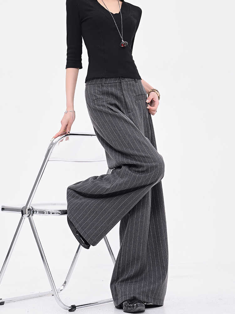 Vintage Stripe Black Suit Pants All-match Wide Leg Pants