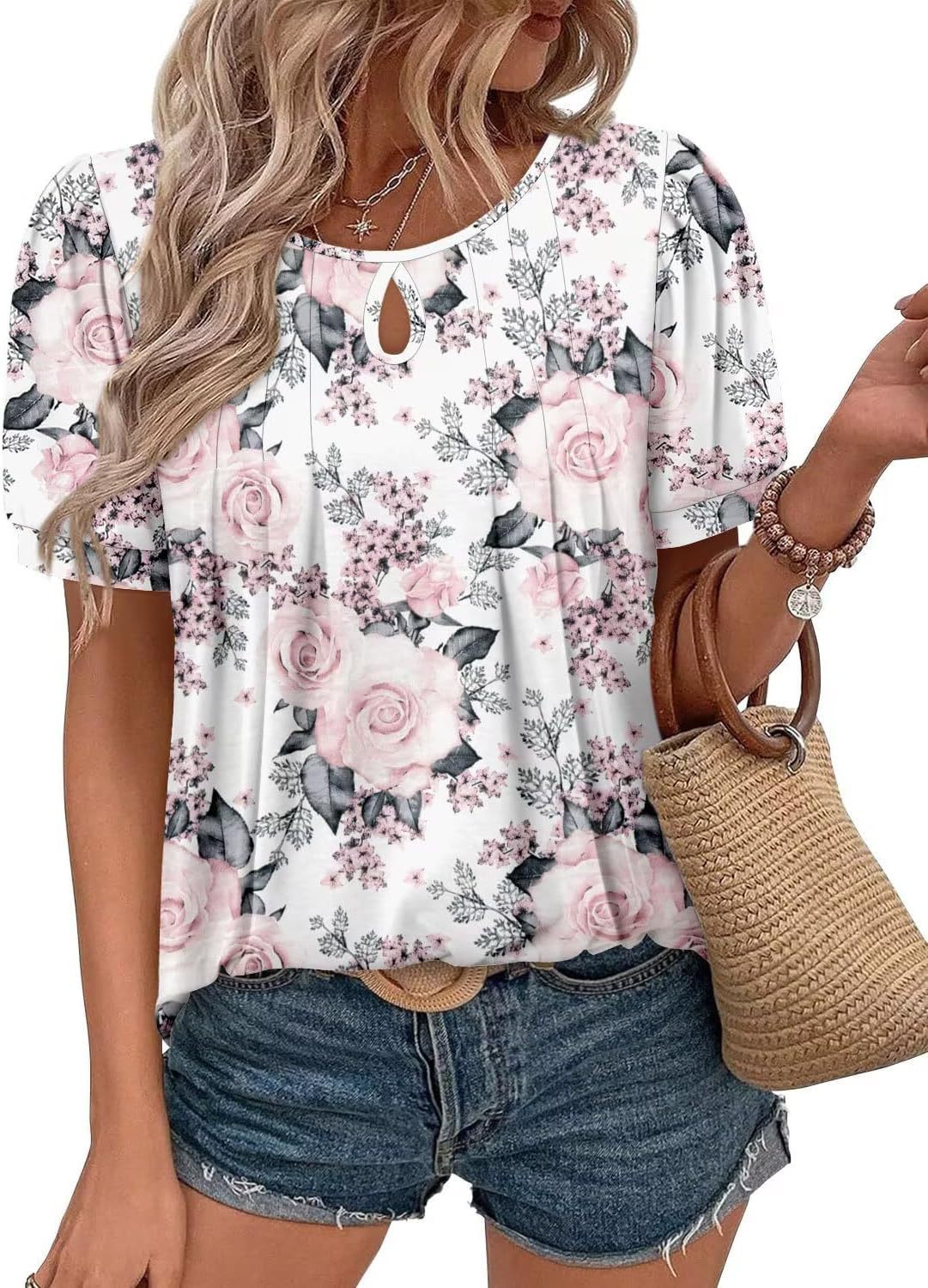 Floral Print Round Neck T Hole Flower Female