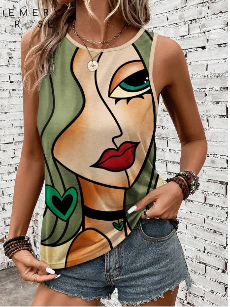 Summer Abstract Face Printed Round Neck Tank Top