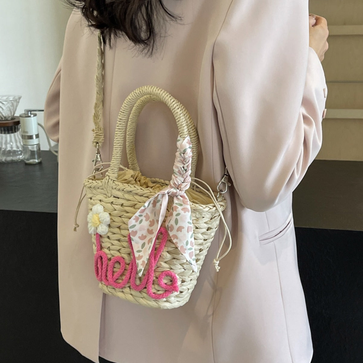 Woven Handbag Women's Fashion Letter Straw Cross Body Bag