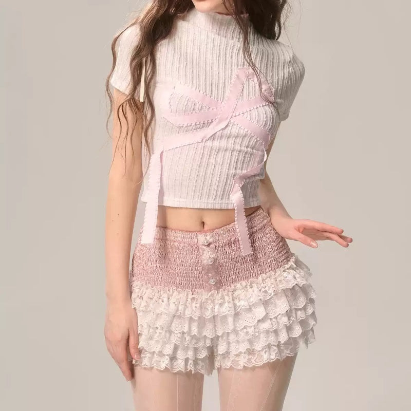 Peach Blossom Bud White French Lace Shorts