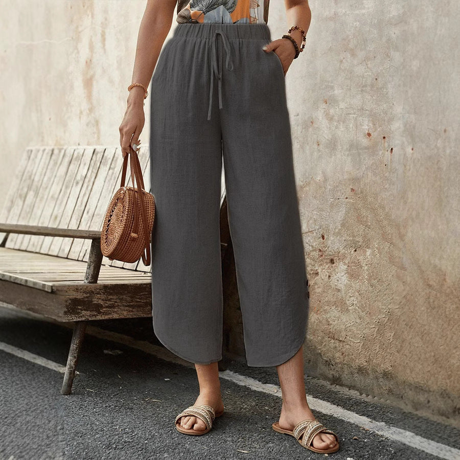 Cotton And Linen Drawstring Cropped Loose Pockets Casual Pants