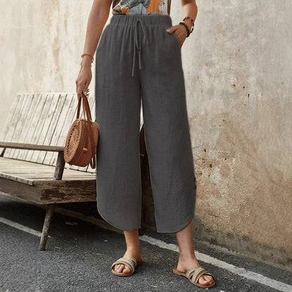 Cotton And Linen Drawstring Cropped Loose Pockets Casual Pants