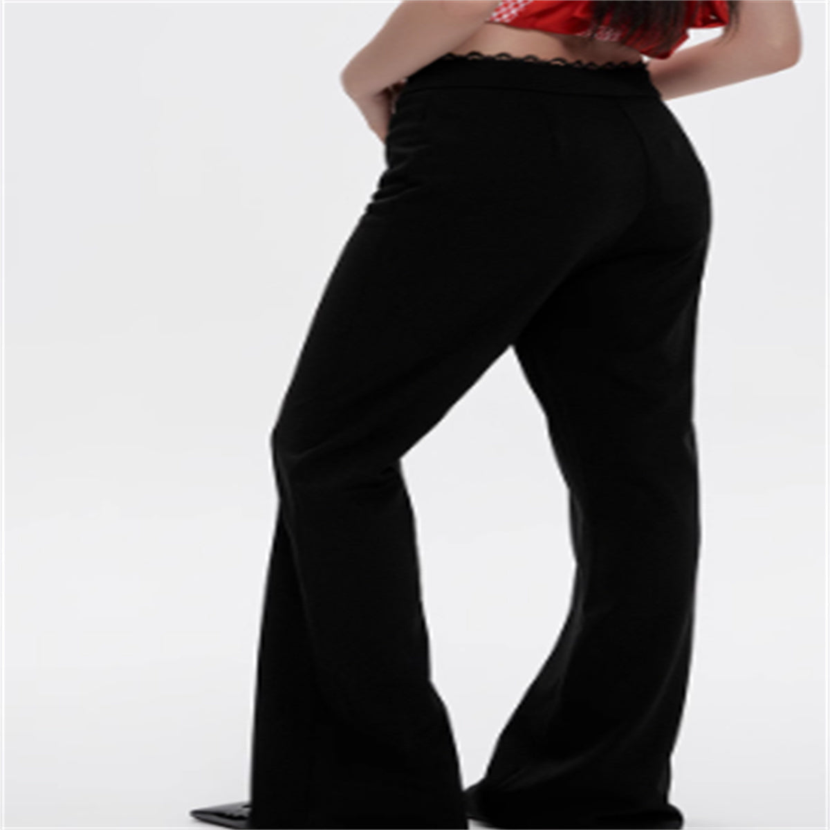 Lace Stitching Black Flared Pants For Women In Summer High Waist