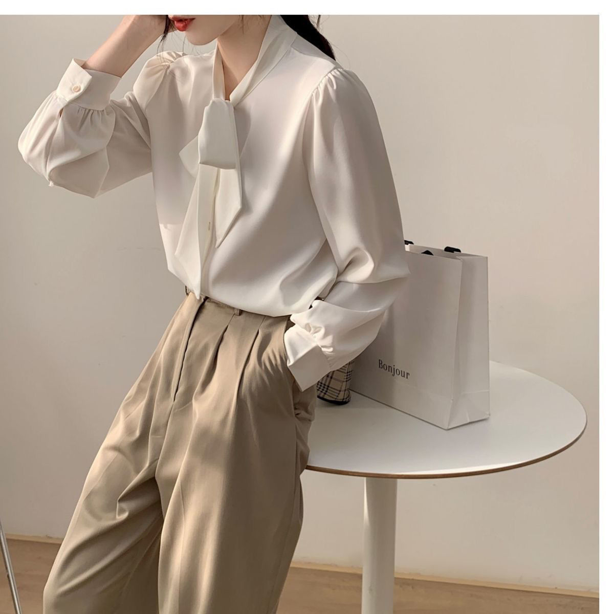 Lace-up Bow Business Wear Solid Color Bottoming Long Sleeve Shirt