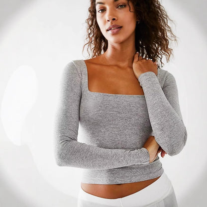 Women's Clothes Long Sleeve T-shirt Solid Color Bare Midriff Short Square Collar Top