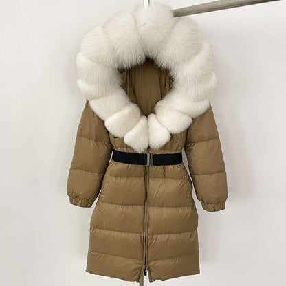 Women's Long Cinched Hoodie Real Fox Fur Collar Coat