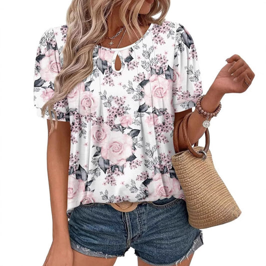 Floral Print Round Neck T Hole Flower Female