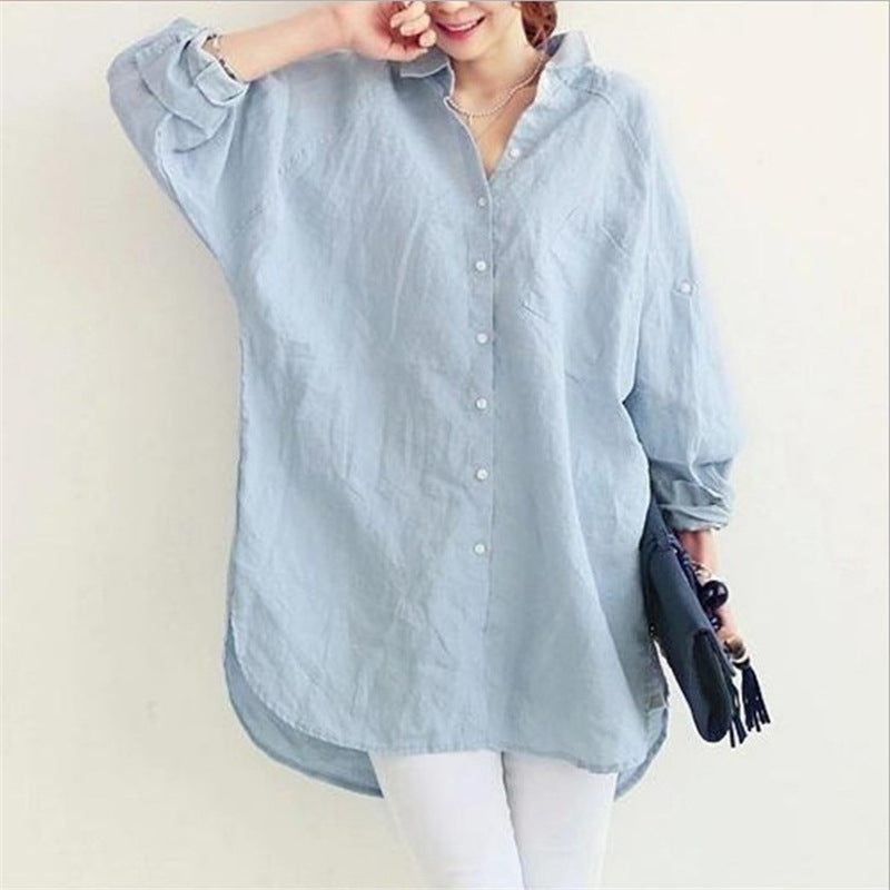 Plus Size Loose All-match Cotton And Linen Textured Shirt For Women