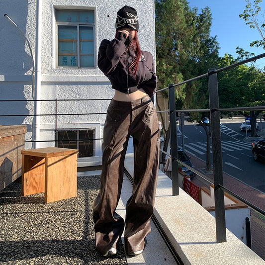 Retro Brown Pu Leather Waist Super Soft Brown Wide Leg Pants Maillard Wear