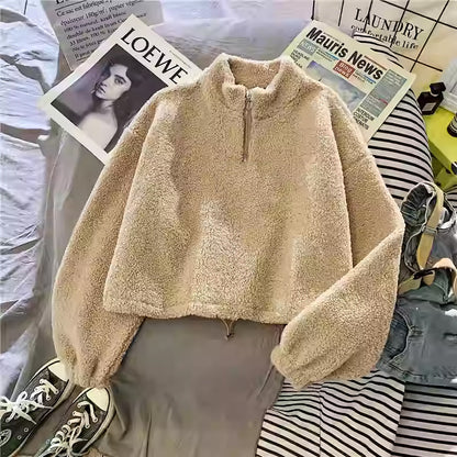 Women's Half Turtleneck Fleece-lined Thick Lambskin Sweater