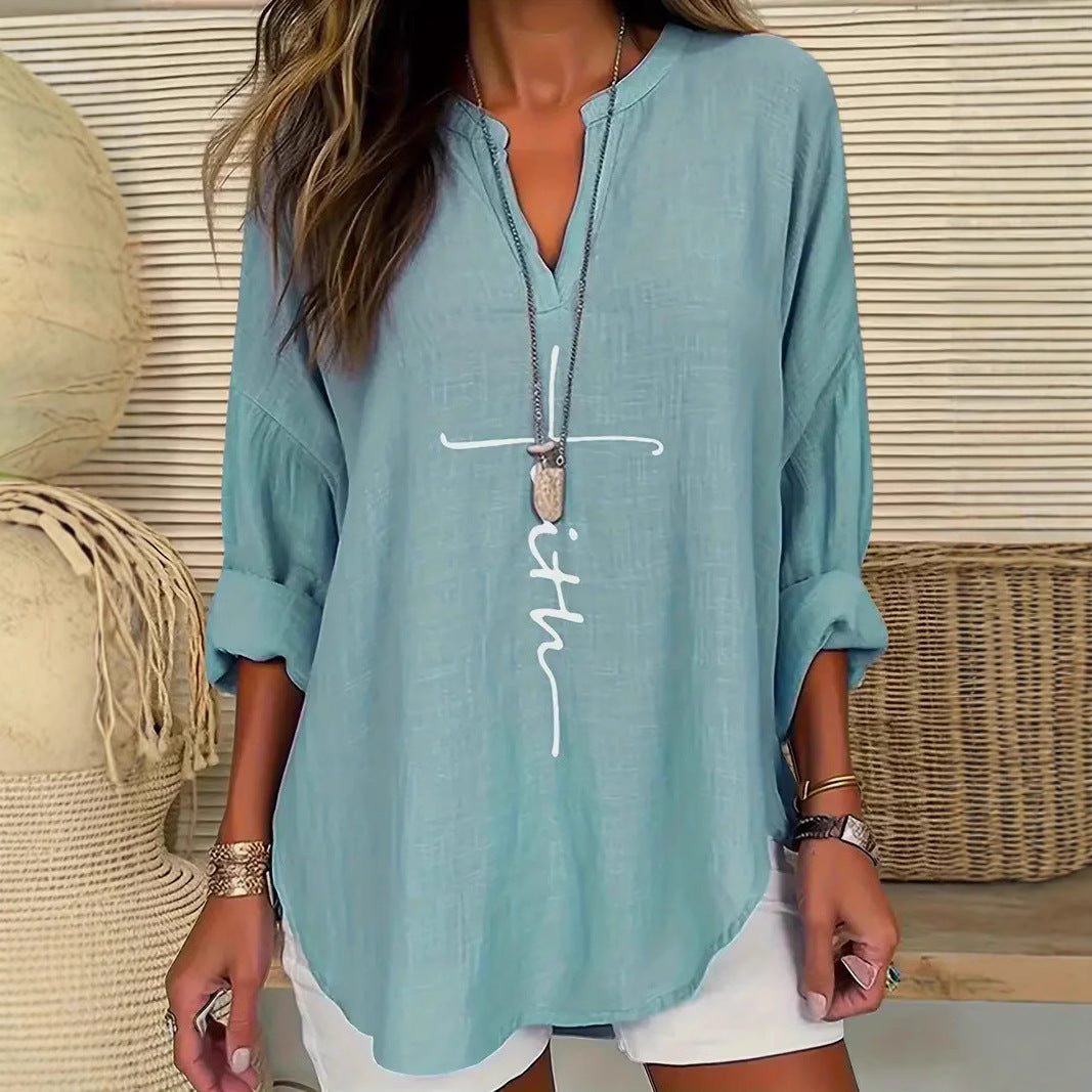 Women's Casual V-neck Cotton And Linen Solid Color Shirt