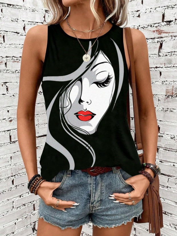 Summer Abstract Face Printed Round Neck Tank Top
