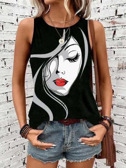 Summer Abstract Face Printed Round Neck Tank Top