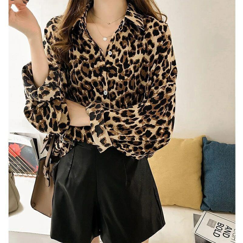New Stylish Loose Plus Size Leopard Long Sleeve Pattern Mid-length Shirt For Women