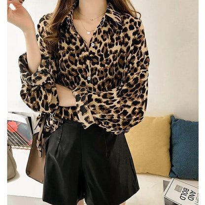 New Stylish Loose Plus Size Leopard Long Sleeve Pattern Mid-length Shirt For Women