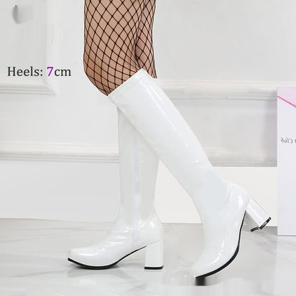 Patent Leather Stretch Chunky Heel All-matching Middle Boots