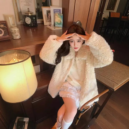 Women's Korean-style Lapel Thickening Warm Furry Coat