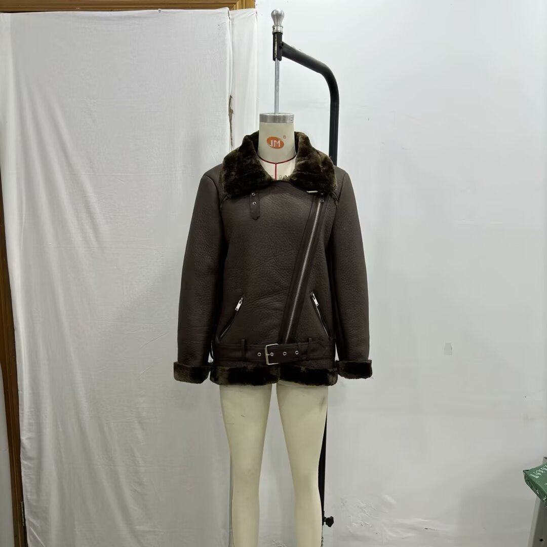 Women's Fashion Fur Integrated Leather Coat Top