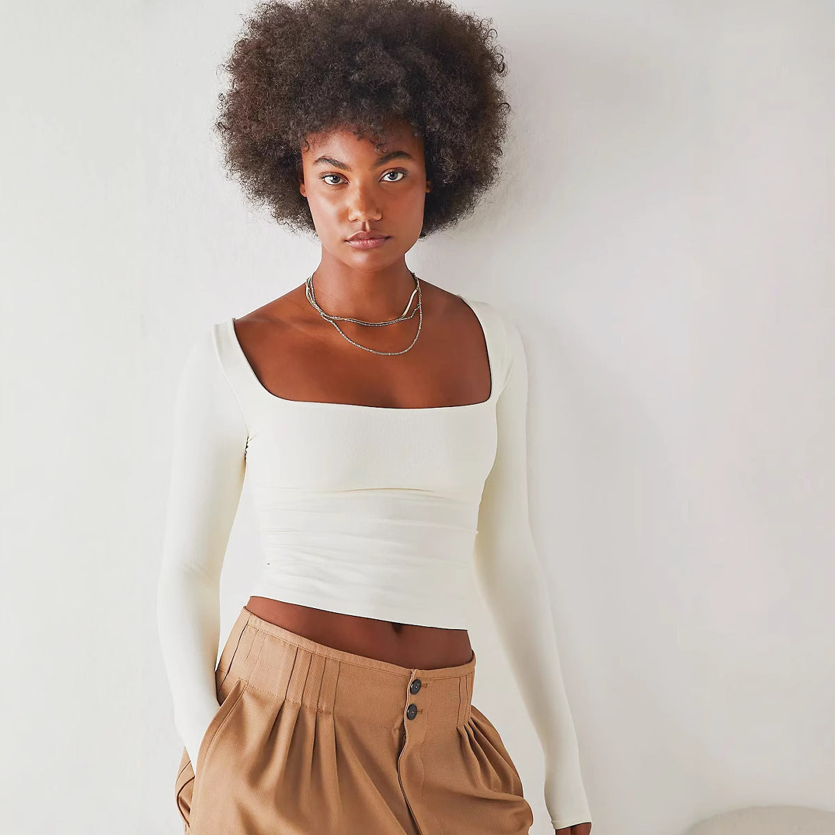 Women's Clothes Long Sleeve T-shirt Solid Color Bare Midriff Short Square Collar Top