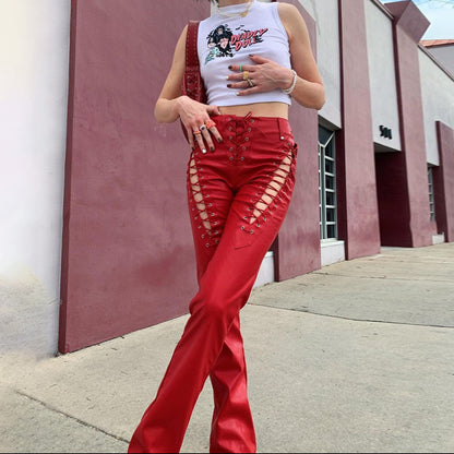Women's High Waist Hollow-out Strap Straight Ankle Tied Leather Pants