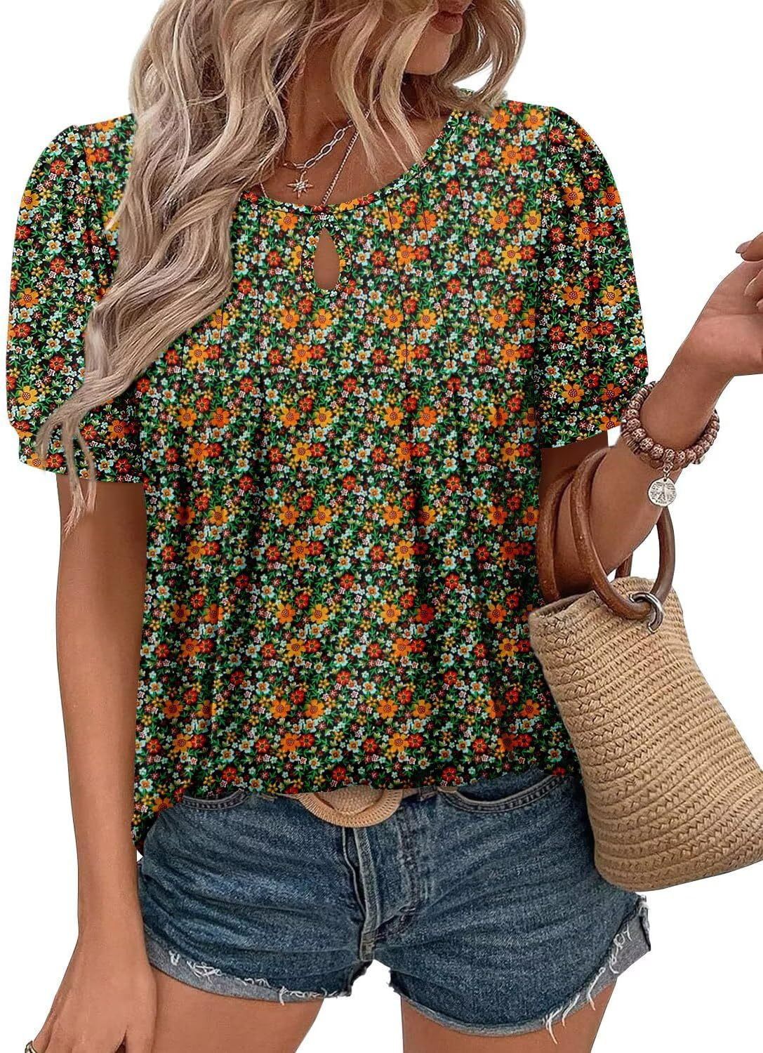 Floral Print Round Neck T Hole Flower Female
