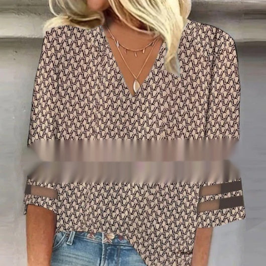 Women's Loose Long Sleeve Printed V-neck Shirt