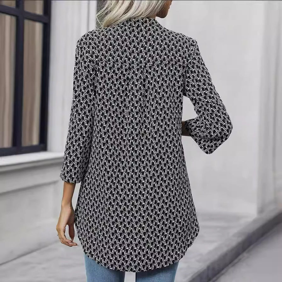 Women's Loose Long Sleeve Printed V-neck Shirt