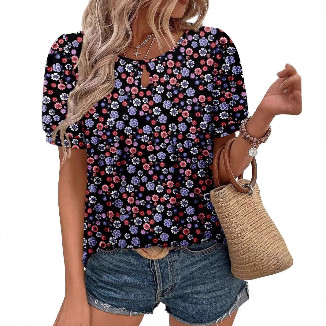 Floral Print Round Neck T Hole Flower Female