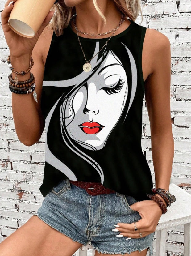 Summer Abstract Face Printed Round Neck Tank Top