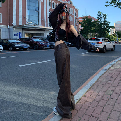 Retro Brown Pu Leather Waist Super Soft Brown Wide Leg Pants Maillard Wear
