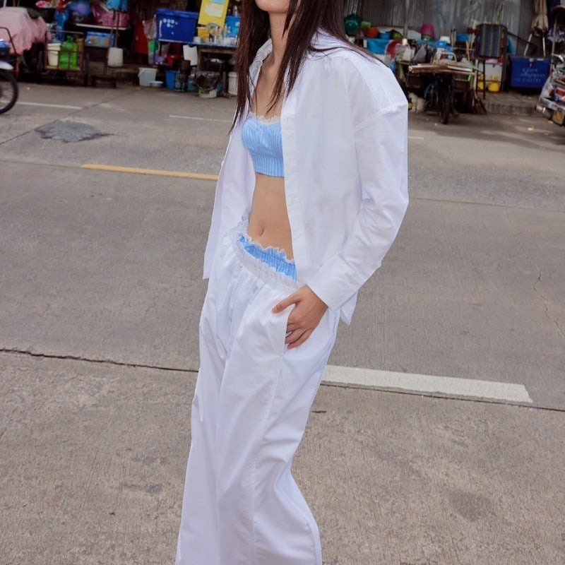 Women's Fashion Casual Sexy Three-piece Suit Solid Color Inner Wear Long Sleeve Shirt Wide Leg Pants