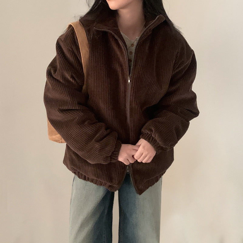 Lapel Sunken Stripe Design Loose Corduroy Cotton-padded Short Coat For Women