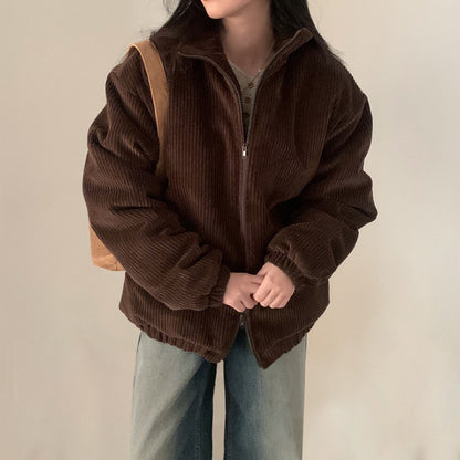 Lapel Sunken Stripe Design Loose Corduroy Cotton-padded Short Coat For Women