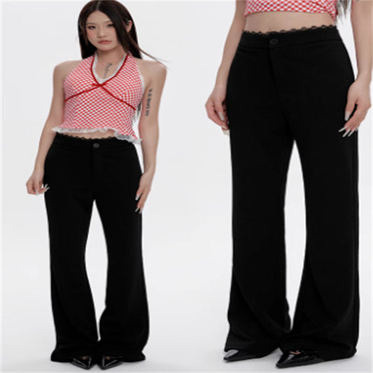 Lace Stitching Black Flared Pants For Women In Summer High Waist